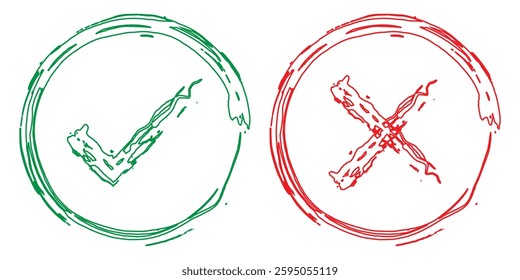 Two dirty grunge hand drawn with brush strokes cross x and tick OK check marks vector illustration isolated on white background. Check mark symbol NO and YES buttons for vote in check. Design eps 10. 