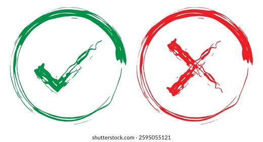Two dirty grunge hand drawn with brush strokes cross x and tick OK check marks vector illustration isolated on white background. Check mark symbol NO and YES buttons for vote in check. Design eps 10. 