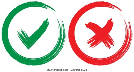 Two dirty grunge hand drawn with brush strokes cross x and tick OK check marks vector illustration isolated on white background. Check mark symbol NO and YES buttons for vote in check. Design eps 10. 