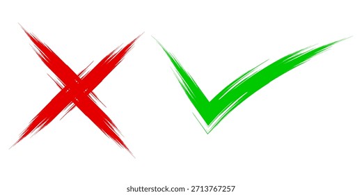 Zwei schmutzige farbige Hand, die mit Pinselstrichen gezeichnet wurde, kreuzen X und Häkchen OK an. Die Häkchen sind Vektorgrafiken einzeln auf weißem Hintergrund. Häkchen Symbol Nr. und JA-Tasten für Abstimmung in Kontrollkästchen, Web, etc.