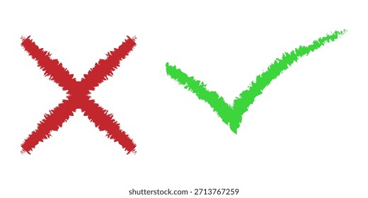 Zwei schmutzige farbige Hand, die mit Pinselstrichen gezeichnet wurde, kreuzen X und Häkchen OK an. Die Häkchen sind Vektorgrafiken einzeln auf weißem Hintergrund. Häkchen Symbol Nr. und JA-Tasten für Abstimmung in Kontrollkästchen, Web, etc.