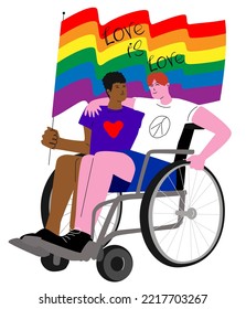 Two disabled gay men in wheelchair with LGBT flag on white isolate. The concept of love no matter what. Vector illustration of people of different races.