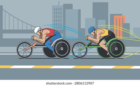 Two disabled male athletes competing in wheelchair racing on city road with motion blur speed lines on grey background.
