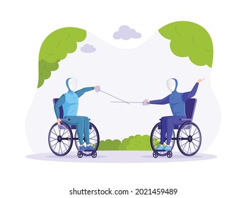 Dos personas discapacitadas con trajes de protección esgrimiendo en una silla de ruedas. Desactivar juegos deportivos para discapacitados con palo. Ejercicio de competencia para personas inválidas con patas paralizadas en el vector de dibujos animados del parque