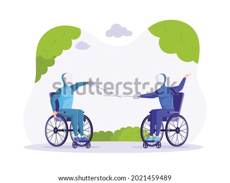 Two disabled people wearing protective suits fencing sitting in wheelchair. Disable handicap sport games with stick. Competition exercise for invalid person with paralyzed legs at park cartoon vector