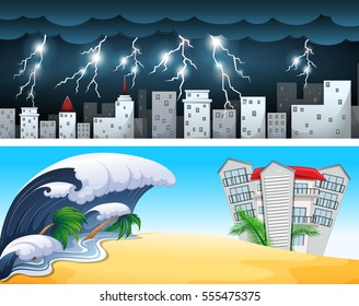 Two disaster scenes with tsunami and thunders illustration