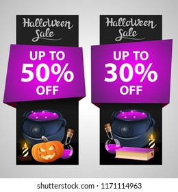 Two discount banner for Halloween with witch's pot and pumpkins. -30%, -50%
