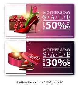 Two discount banners for mother's day with women's Shoe with tulips inside, gift in the shape of a heart and candy