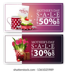 Two discount banners for mother's day with cup of tea with cupcake, bucket with tulips and gift