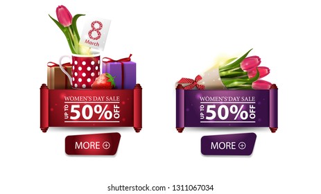 Two discount banners for women's day with buttons, tulip in a mug and bouquet of tulips