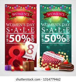 Two discount banners for women's day with garland, gifts with the number eight and gift in the shape of a heart