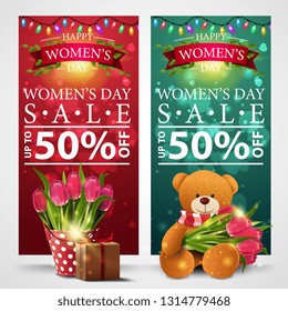 Two discount banners for women's day with garland, bucket with tulips, gift and Teddy bear with a bouquet of tulips