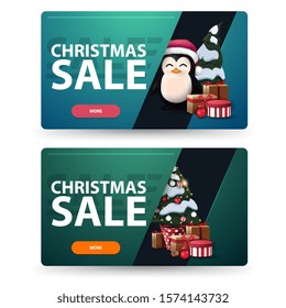 Two discount Christmas banners with Christmas tree in a pot with gifts and penguin in Santa Claus hat with presents. Green and blue horizontal banners isolated on white background