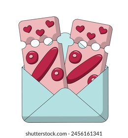 Two discount coupons with hearts in envelope in color