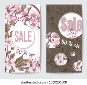 two discount flyers with cherry blossoms, branches and leaves of pink and lilac color painted by hand