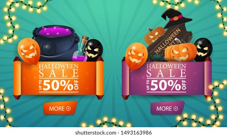 Two discount Halloween bvnner in the form of a roll of parchment. Wooden sign, witch's cauldron, pumpkin Jack and Halloween balloons