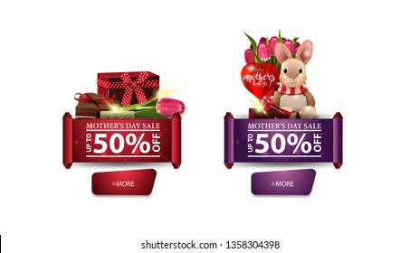 Two discount modern banners for mother's day with buttons, gift, Tulip, candy and plush rabbit