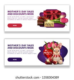 Two discount modern horizontal white banners for mother's day with buttons, gift, Tulip, candy and plush rabbit