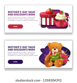 Two discount modern horizontal white banners for mother's day with buttons, gift, strawberry, cupcake and Teddy bear with a bouquet of tulips