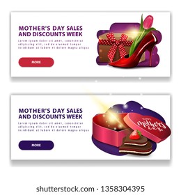 Two discount modern horizontal white banners for mother's day with buttons, women's Shoe with tulips inside, gift in the shape of a heart and candy