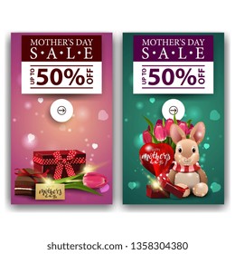 Two discount modern vertical banners for mother's day with buttons, gift, Tulip, candy and plush rabbit