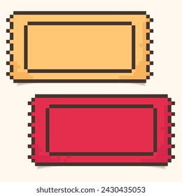 Two Discount pixel Coupons or Tickets in retro 8-bit game style.Cinema, theater, concert, game, party. Yellow and red colors.Bonus or discount ticket empty template. Vector illustration EPS10