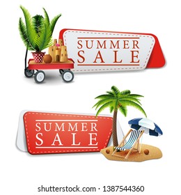 Two discount summer banners in a minimalist style with palm tree, beach chair, beach umbrella, garden cart with sand, sand castle and potted palm