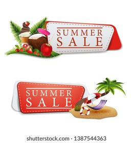 Two discount summer banners in a minimalist style with palm tree, hammock, beach umbrella, coconut cocktail, strawberry, raspberry, cherry and ice cream on palm leaf
