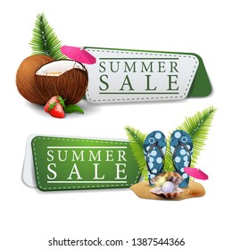 Two discount summer banners in a minimalist style with strawberry cocktail in coconut, flip flops, pearl and palm leaves