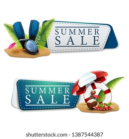 Two discount summer banners in a minimalist style with diving mask, fins, palm leaves, coconut ice cream cocktail, beach umbrella, fruit, palm leaves and lifeline