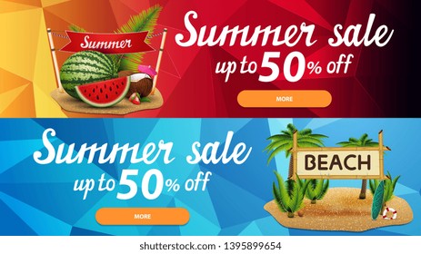 Two discount web banners for summer sales with polygonal texture, watermelon, coconut cocktail in coconut, sign with the inscription "summer" and bamboo sign with the inscription "beach"