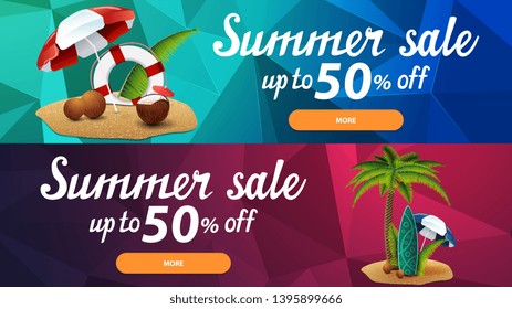 Two discount web banners for summer sales with polygonal texture, coconut cocktail, beach umbrella, lifeline, palm, coconuts, beach umbrella and surf Board