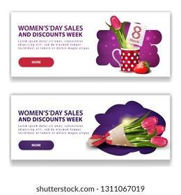 Two discount white banners for women's day with buttons, tulip in a mug and bouquet of tulips