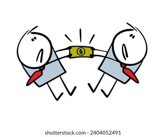 Two disgruntled businessmen can not split dollar. Vector illustration of two men pulling a paper bill, fighting with a competitor. Isolated cartoon caricature on white background.