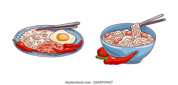 Two dishes with rice, noodle soup, meat and chili pepper on white background. Asian food concept. Vector illustration.