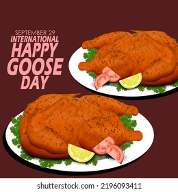 Two dishes of roasted goose with tomato, lemon and vegetables served on a white plate with bold text on a dark brown background to celebrate International Happy Goose Day on September 29