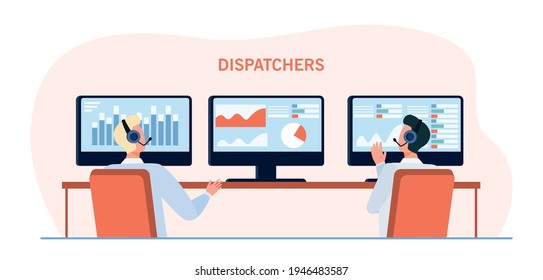 Two dispatchers watching graphs on screen. Computer, network, internet flat vector illustration. Statistics and communication concept for banner, website design or landing web page