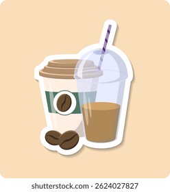 Two disposable coffee cups with coffee beans placed on a table are being enjoyed on a bright day