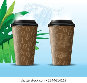 Two disposable coffee cups with a texture suggestion on them. On an exotic blue background.