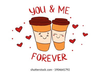 Two disposable coffee paper cups cute characters in love with hearts and letters. Hand drawn illustration for Valentines day. Vector