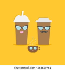 Two disposable coffee paper cups tecup with sunglasses mustache and lips. Flat design Vector illustration
