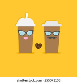 Two disposable coffee paper cups with sunglasses mustache lips and bean heart. Flat design Vector illustration