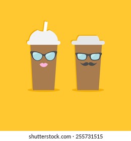 Two disposable coffee paper cups with sunglasses mustache and lips. Flat design Vector illustration