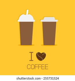 Two disposable coffee paper cups icon. I love coffe heart sead. Flat design  Vector illustration