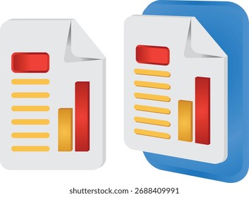 Two distinct 3D icons representing financial documents and reports. Each icon features a stylized paper with charts and data, symbolizing financial analysis, planning, and business success.