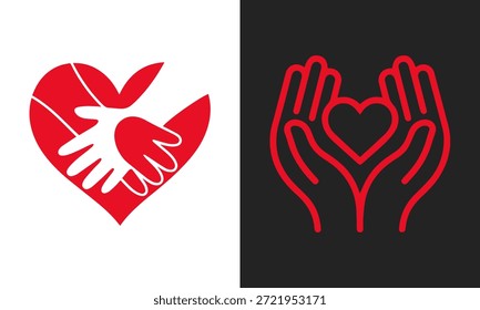 Two distinct abstract graphic representations of hands forming a heart shape, symbolizing love, care, and support, presented side-by-side.