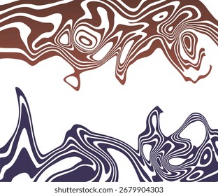 Two distinct abstract wavy patterns, one brown and white, the other dark blue and white, creating a fluid, organic, and decorative design.