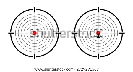Two distinct aiming reticles are displayed side-by-side, each featuring concentric circles and a central target marker for precision aiming. Two rifle scopes with crosshairs and aiming points on white background. Vector illustration