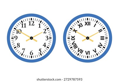 Dos relojes analógicos distintos se presentan uno al lado del otro, uno con números arábigos estándar, mientras que el otro muestra números romanos, ambos con agujas amarillas de hora y minuto contra caras blancas limpias.
