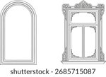 Two distinct architectural elements are depicted: a tall, arched doorway or window frame and a decorative, multi-paned window with ornate carvings and a windowsill.